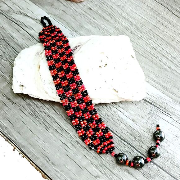 Hematite Gemstone Beaded Checker Bracelet, Adjustable Seed Bead Bracelet - Picture 7 of 11